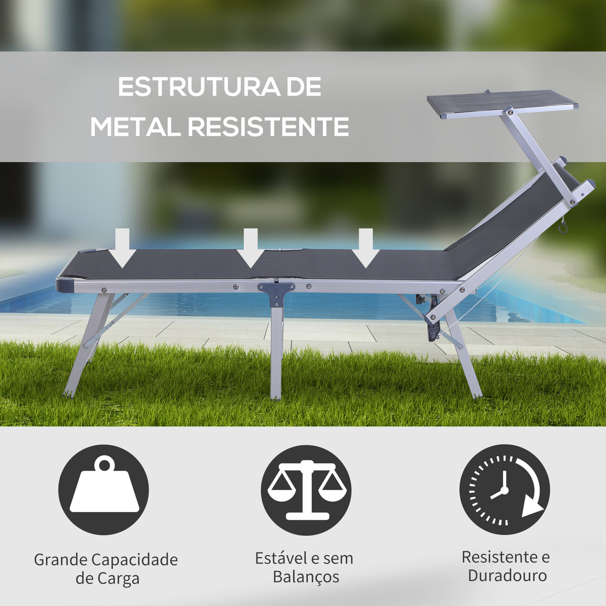 Outsunny Espreguiçadeira Dobrável e Reclinável com Toldo Ajustável em Ângulo Espreguiçadeira para Jardim Terraço Campismo Exterior 169x72x55-72cm Cinza