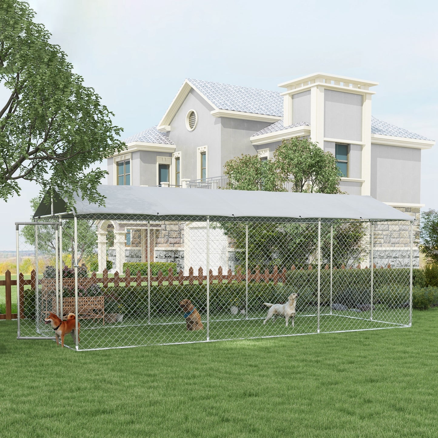 PawHut Canil de Exterior para Cães Parque para Cães com 1 Porta Estrutura de Aço Toldo Impermeável e Anti-UV 600x230x230 cm Prata