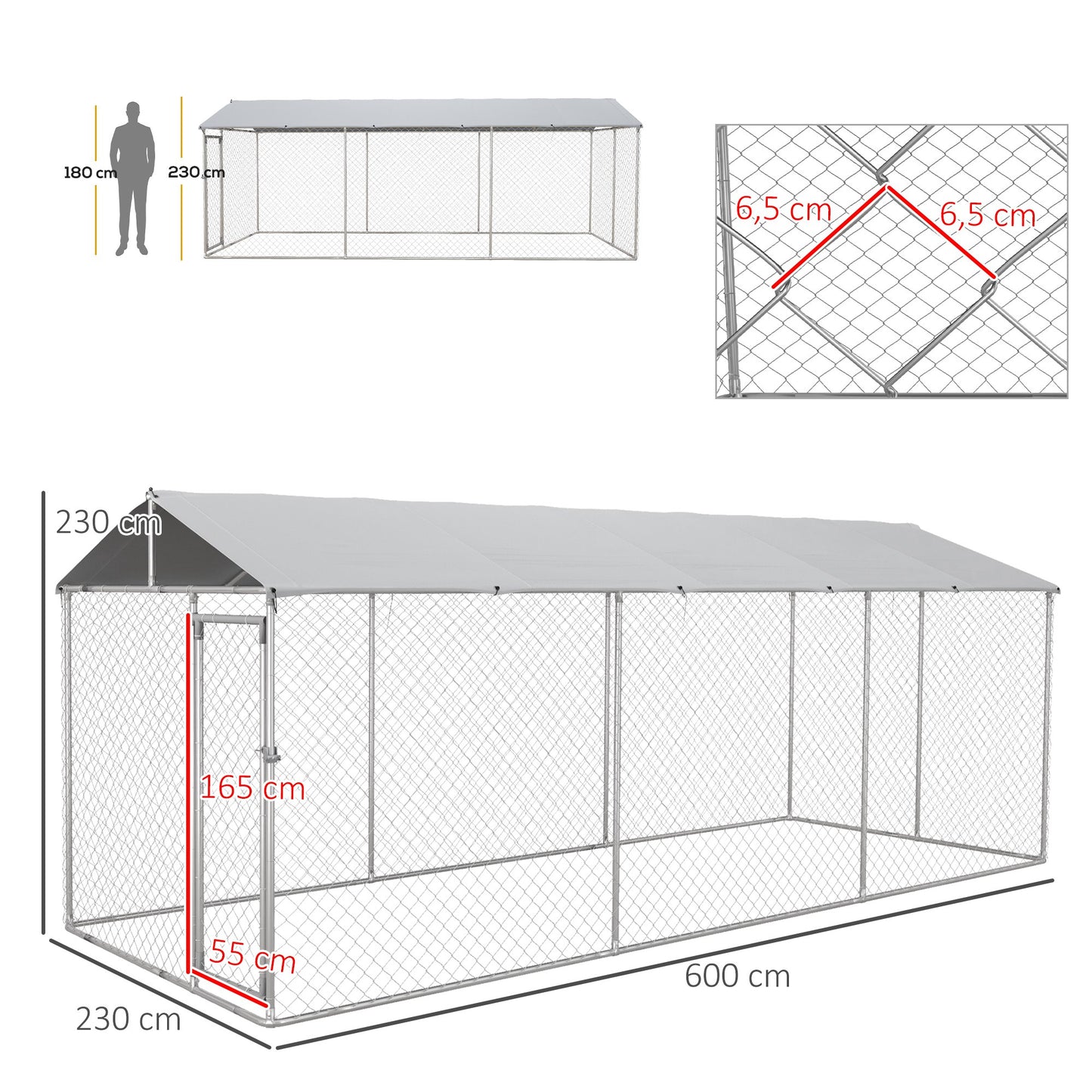 PawHut Canil de Exterior para Cães Parque para Cães com 1 Porta Estrutura de Aço Toldo Impermeável e Anti-UV 600x230x230 cm Prata