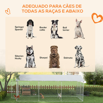 PawHut Canil de Exterior para Cães Parque para Cães com 1 Porta Estrutura de Aço Toldo Impermeável e Anti-UV 600x230x230 cm Prata