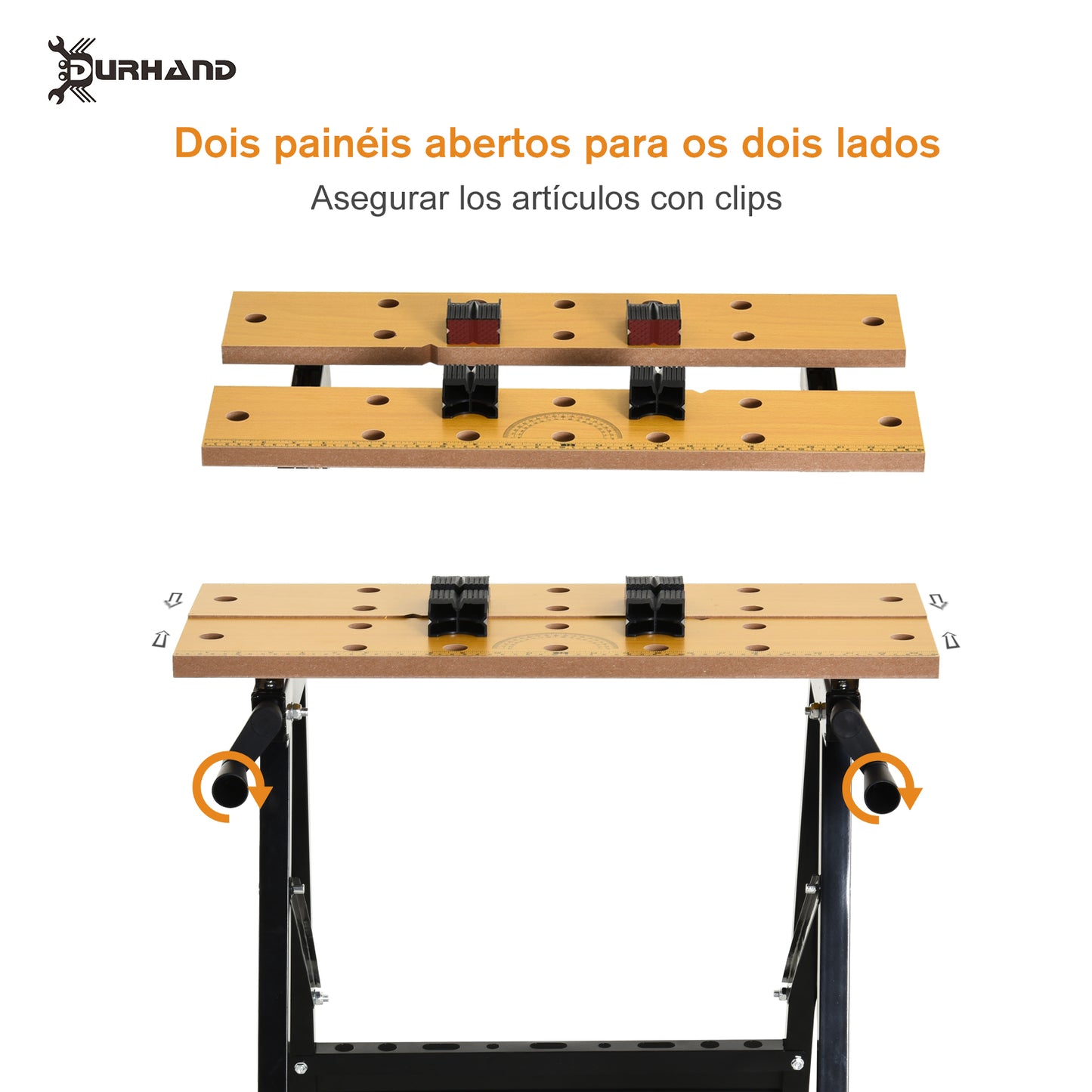 DURHAND Amazonas: Bancada de trabalho dobrável Mesa de trabalho portátil com 4 grampos Buracos para serra Uso doméstico Ferro para trabalhar madeira Suporte para MDF 70 kg 56x62x75 cm Natural Preto