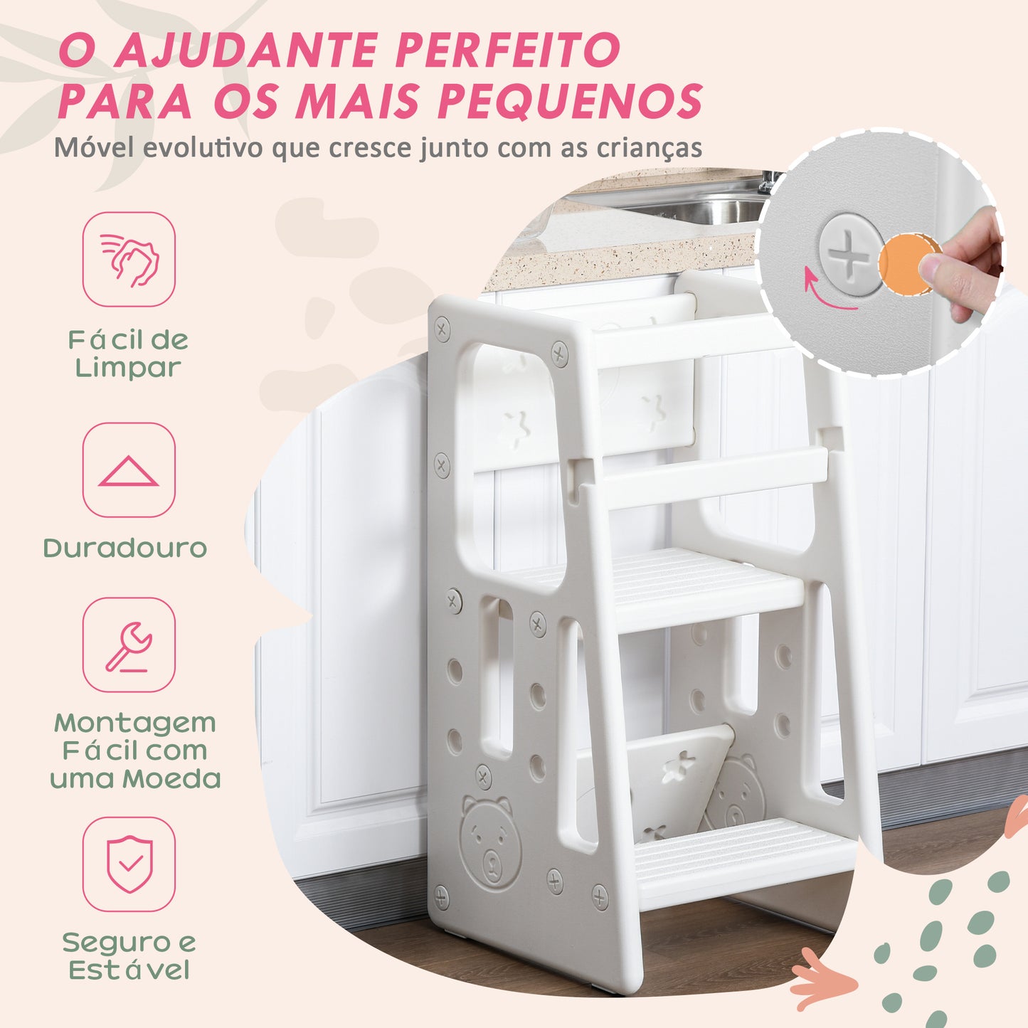 HOMCOM Torre de Aprendizagem para Crianças Banco Infantil com Altura Ajustável em 3 Posições e Plataforma Antiderrapante para Cozinha Sala de Jantar Casa de Banho 47x47x90cm Branco