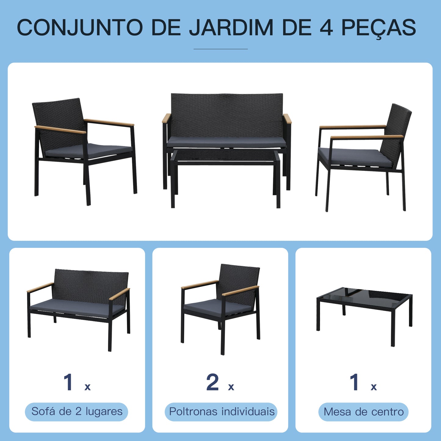 Outsunny Conjunto de Móveis de Vime e 4 Peças com Almofadas Acolchoadas 2 Poltronas 1 Sofá Duplo e Mesa de Centro com Vidro Temperado para Jardim Varanda Preto