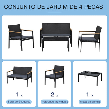 Outsunny Conjunto de Móveis de Vime e 4 Peças com Almofadas Acolchoadas 2 Poltronas 1 Sofá Duplo e Mesa de Centro com Vidro Temperado para Jardim Varanda Preto