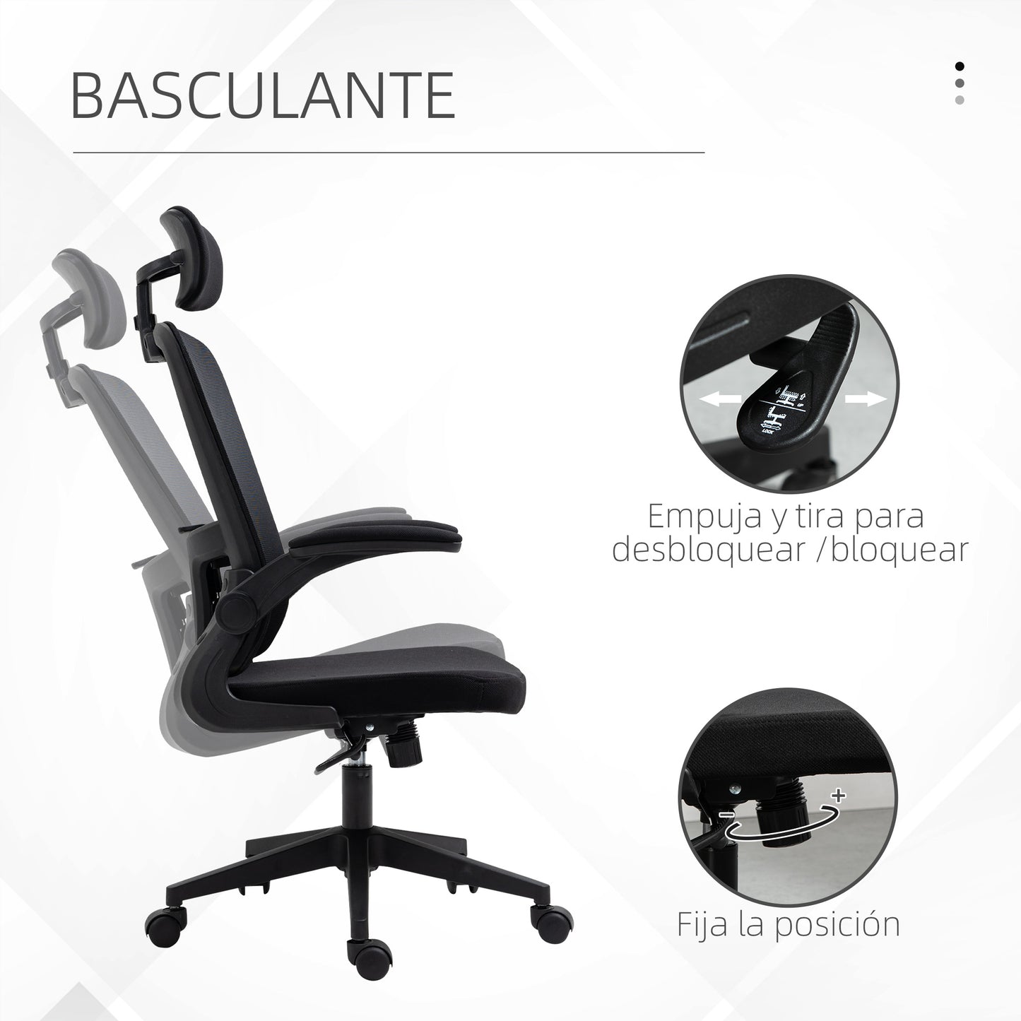 Vinsetto Cadeira de Escritório de Malha Ergonómica Cadeira de Escritório com Altura Ajustável Apoio para os Braços Dobrável Apoio para a Cabeça e Suporte Lombar Ajustáveis 65x64x114-122cm Preto