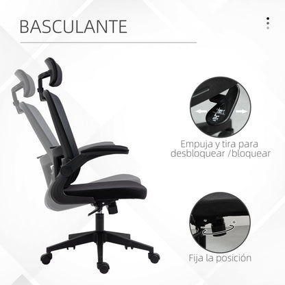 Vinsetto Cadeira de Escritório de Malha Ergonómica Cadeira de Escritório com Altura Ajustável Apoio para os Braços Dobrável Apoio para a Cabeça e Suporte Lombar Ajustáveis 65x64x114-122cm Preto