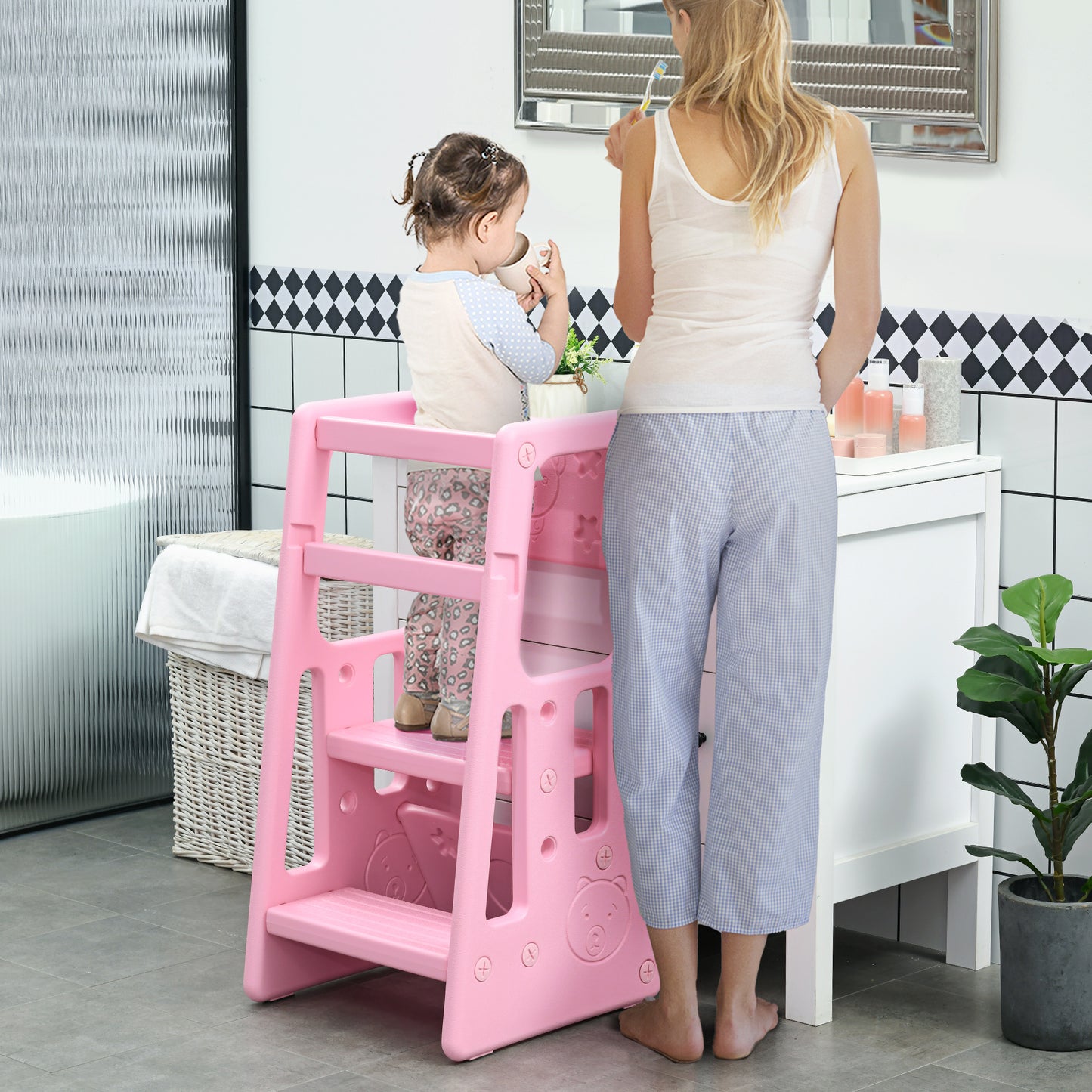 HOMCOM Torre de Aprendizagem para Crianças Banco Infantil com Altura Ajustável em 3 Posições e Plataforma Antiderrapante para Cozinha Sala de Jantar Casa de Banho 47x47x90cm Rosa