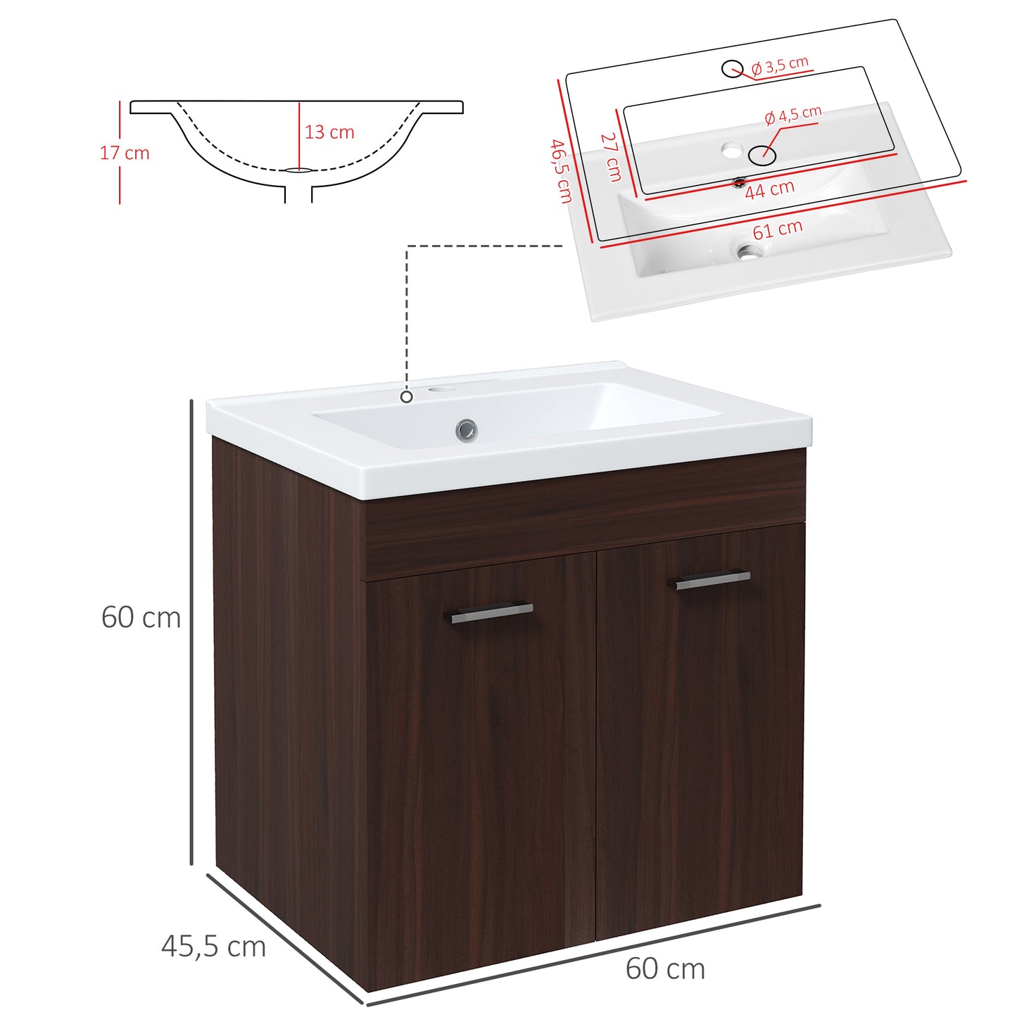 kleankin Móvel Casa de Banho com Lavatório Cerâmico Móvel Casa de Banho de Parede com 2 Portas e Prateleira Ajustável 60x45,5x60 cm Marrom