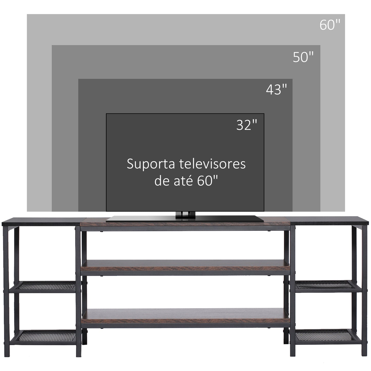 HOMCOM Móvel de TV para Televisores de até 65 Polegadas Armário para TV com 6 Prateleiras Abertas para Dormitório Estilo Industrial 140x40x50cm Marrom e Preto