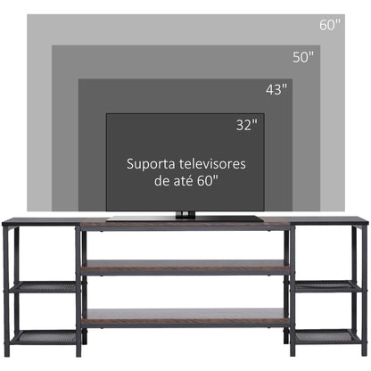 HOMCOM Móvel de TV para Televisores de até 65 Polegadas Armário para TV com 6 Prateleiras Abertas para Dormitório Estilo Industrial 140x40x50cm Marrom e Preto