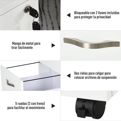 HOMCOM Bloco de Gavetas para Escritório Móvel de Arquivos com 2 Gavetas 5 Rodas com 3 Travões e Fechadura para Escritório Secretária Casa 40x45.5x52.5 cm Branco