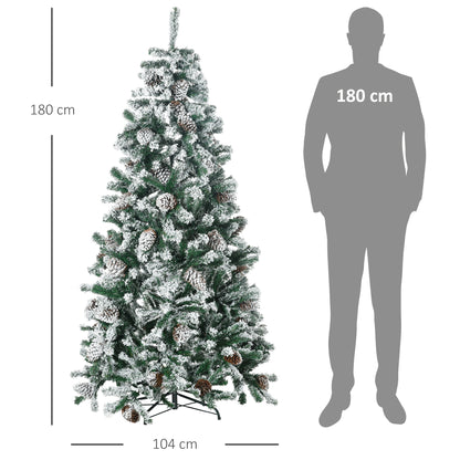 HOMCOM Árvore de Natal Artificial Altura 180 cm Árvore Nevada com 695 Ramos 57 Pinhas e Base de Aço Dobrável Ø104x180 cm Verde