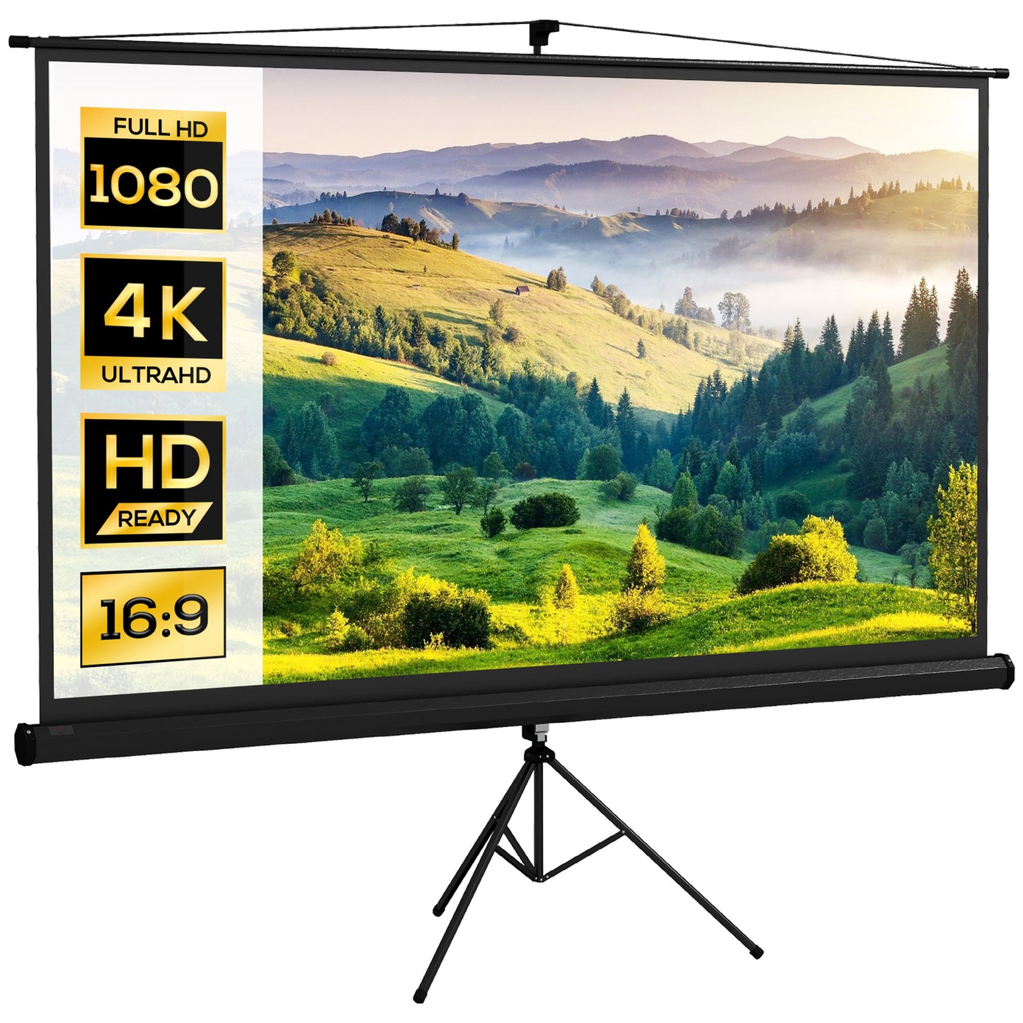 HOMCOM Tela de Projeção Manual com Suporte 100 Polegadas Tela de Projeção Portátil Formato 16:9 com Altura Ajustável para Interior e Exterior Cinema em Casa 235,8x8x136 cm Branco e Preto