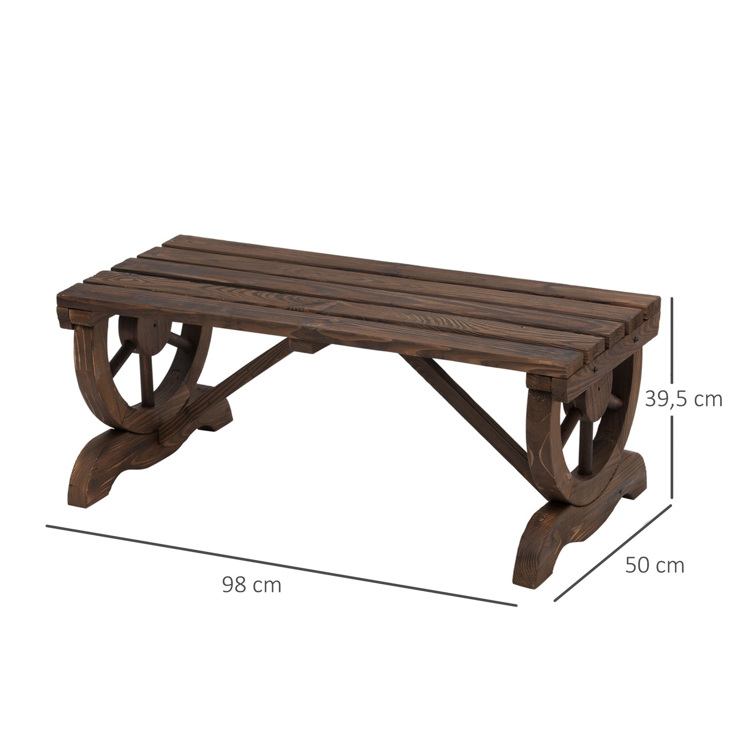 Outsunny Banco de Jardim de 2 Lugares Banco de Madeira com Rodas Decorativas Estilo Rústico Capacidade 250 kg para Pátio Terraço Varanda 98x50x39,5 cm Castanho Rústico