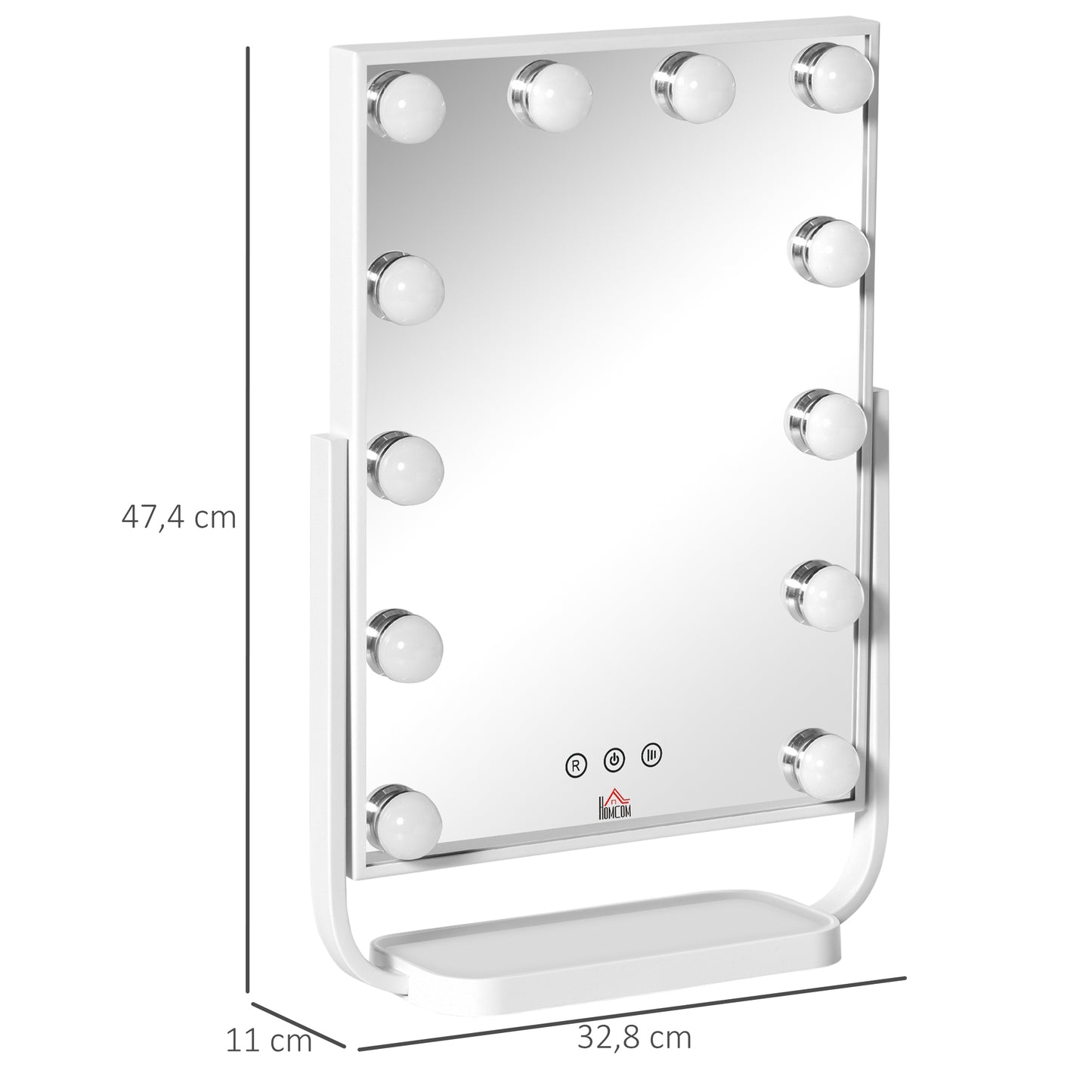 HOMCOM Espelho de Maquilhagem Espelho de Mesa com 12 Luzes LED 3 Temperaturas de Cores Ecrã Tátil Ajustável e Função de Memória para Dormitório Casa de Banho 32,8x11x47,4cm Branco