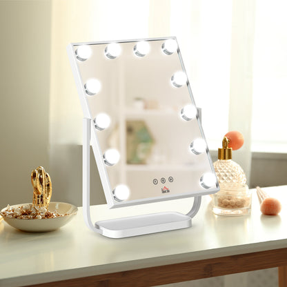 HOMCOM Espelho de Maquilhagem Espelho de Mesa com 12 Luzes LED 3 Temperaturas de Cores Ecrã Tátil Ajustável e Função de Memória para Dormitório Casa de Banho 32,8x11x47,4cm Branco