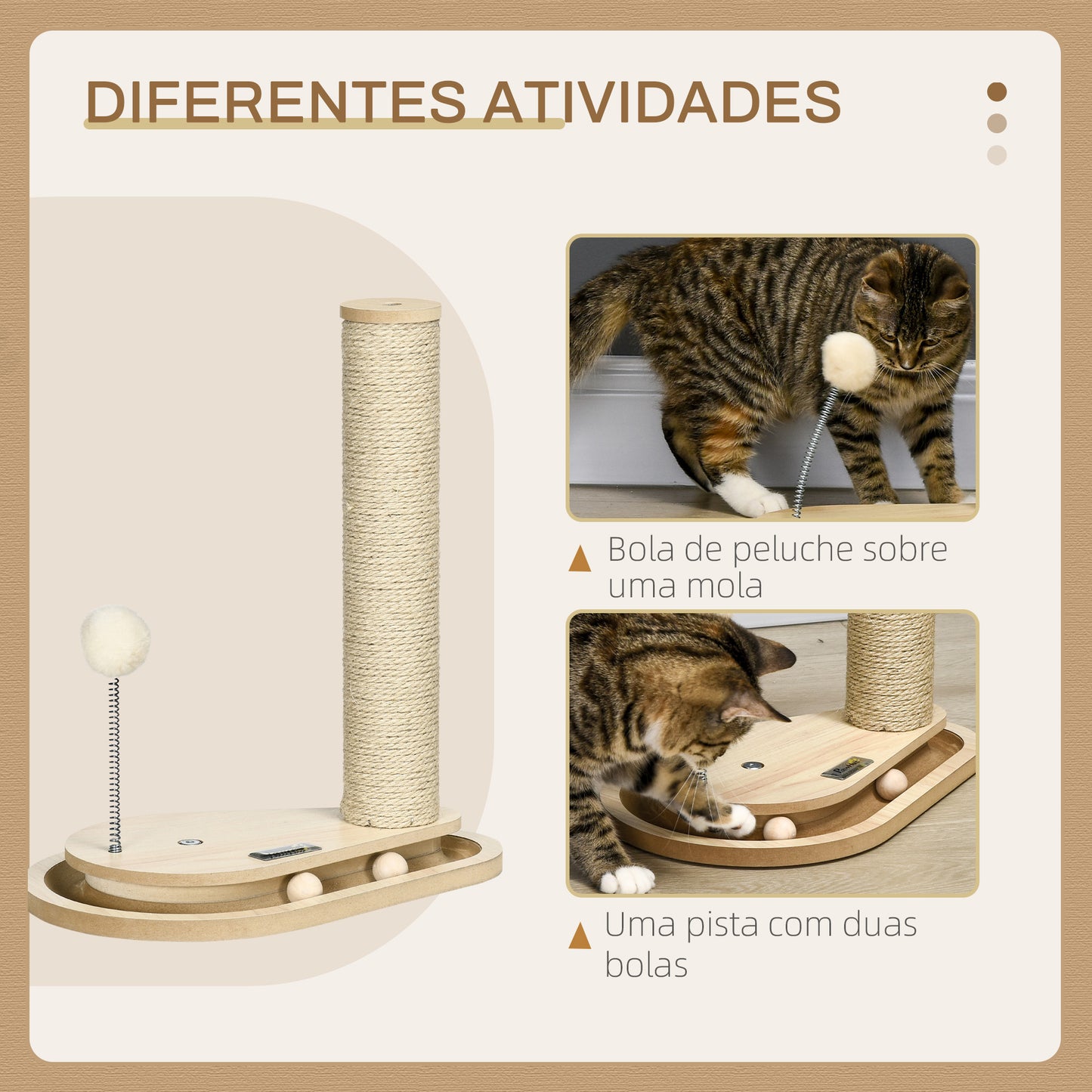 PawHut Arranhador para Gatos 40 cm Torre para Gatos com Poste de Arranhar Bola com Mola e Bolas na Base 35x23x40 cm Carvalho