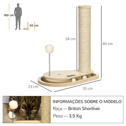 PawHut Arranhador para Gatos 40 cm Torre para Gatos com Poste de Arranhar Bola com Mola e Bolas na Base 35x23x40 cm Carvalho