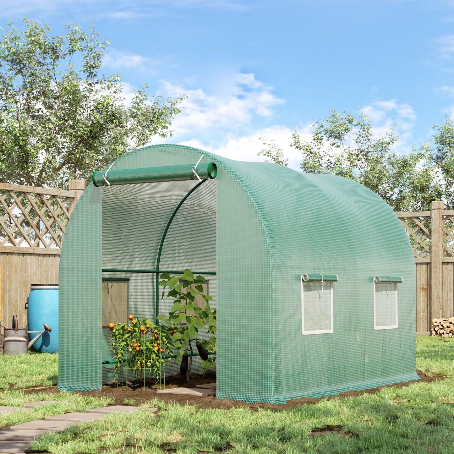 Outsunny Estufa Tipo Túnel 245x200x198cm Estufa de Jardim com Janelas e Portas Enroláveis para Cultivo de Plantas Verde