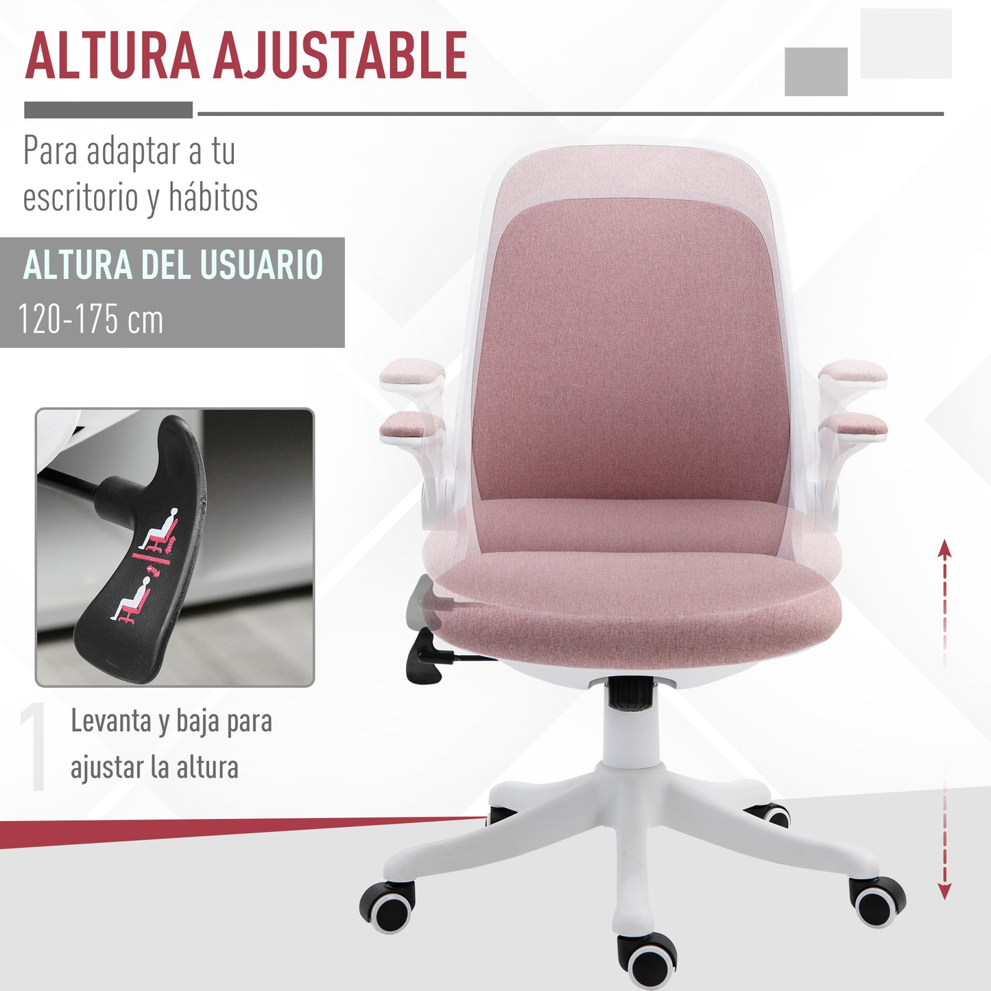 Vinsetto Cadeira de Escritório Giratória Função de Inclinação Altura Ajustável Ergonômica com Apoio de Braço Elevavel Carga 120 kg 62,5x60x94-104cm Rosa