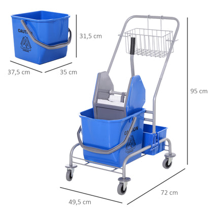 HOMCOM Carro de Limpeza Profissional Balde de Esfregona com Rodas Balde Removível de 25 Litros Espremedor de Pressão Cesto e Cubeta 72x49,5x95 cm Azul