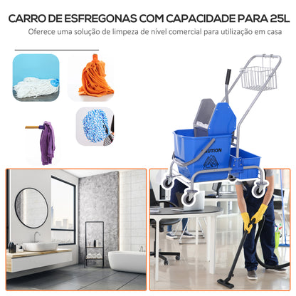 HOMCOM Carro de Limpeza Profissional Balde de Esfregona com Rodas Balde Removível de 25 Litros Espremedor de Pressão Cesto e Cubeta 72x49,5x95 cm Azul