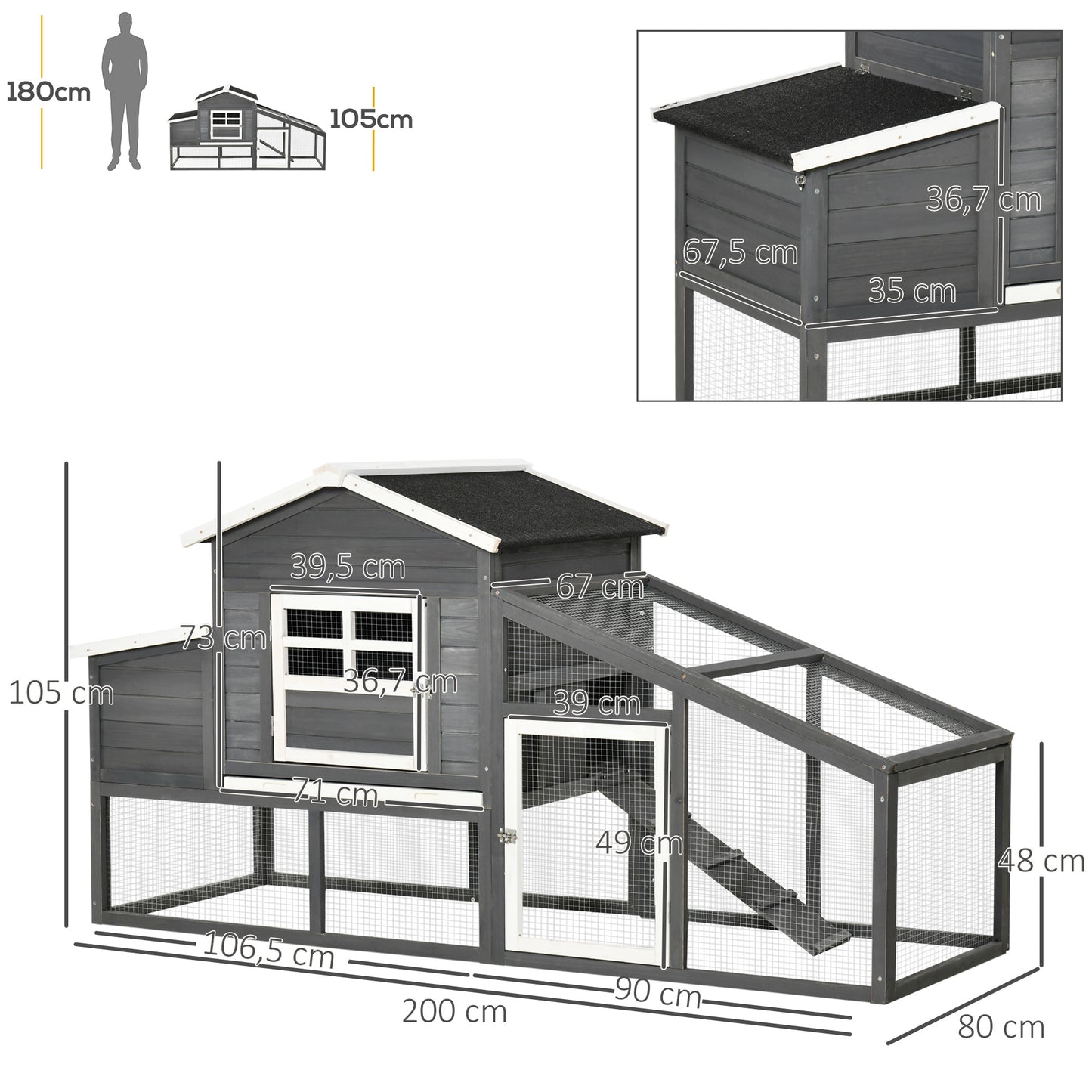 PawHut Galinheiro de Madeira Exterior Gaiola para 2-4 Galinhas com Grade de Arame Tetos Asfálticos Ninho Bandeja Removível Rampa e Zona Aberta 200x80x105cm Cinza