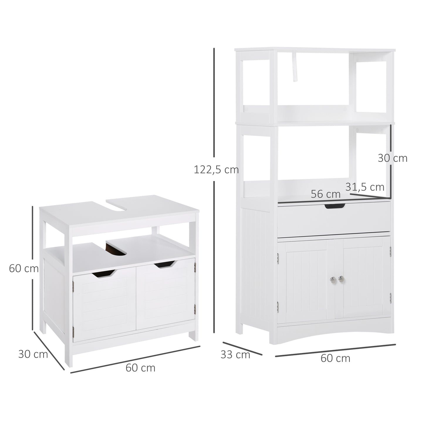 kleankin Conjunto de Móveis de Casa de Banho Armário e Móvel para Lavatório Pousar com 2 Porta Anti-Tombo 60x33x122,5 cm 60x30x60 cm Branco