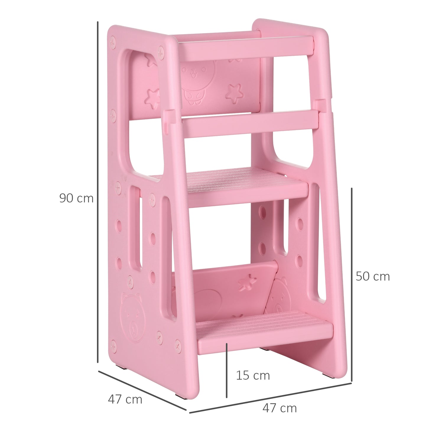 HOMCOM Torre de Aprendizagem para Crianças Banco Infantil com Altura Ajustável em 3 Posições e Plataforma Antiderrapante para Cozinha Sala de Jantar Casa de Banho 47x47x90cm Rosa