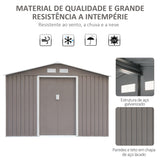 Abrigo de Jardim Exterior 4,83m² 277x195x192cm Abrigo e Jardim Metálico para Armazenamento de Ferramentas com Base Incluída e 4 Janelas Cinza