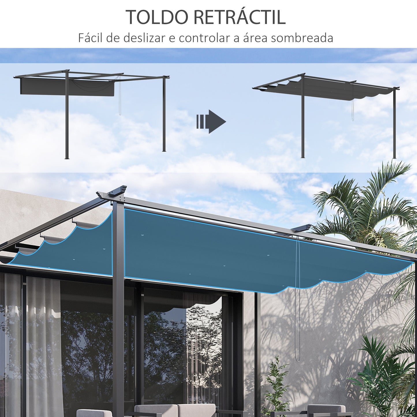 Outsunny Pérgola de Parede de Jardim 3,9x2,9 m Pérgola com Teto Retrátil Tecido de Poliéster e Estrutura de Aço para Pátio Varanda Cinza Escuro