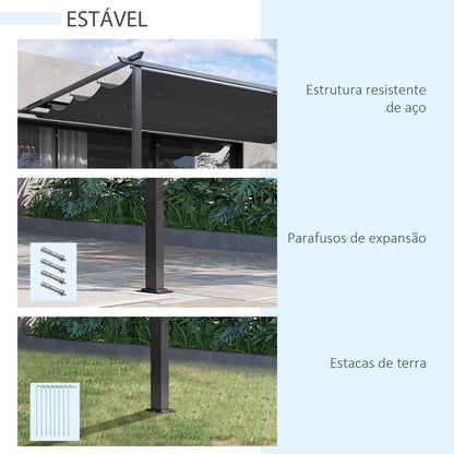 Outsunny Pérgola de Parede de Jardim 3,9x2,9 m Pérgola com Teto Retrátil Tecido de Poliéster e Estrutura de Aço para Pátio Varanda Cinza Escuro