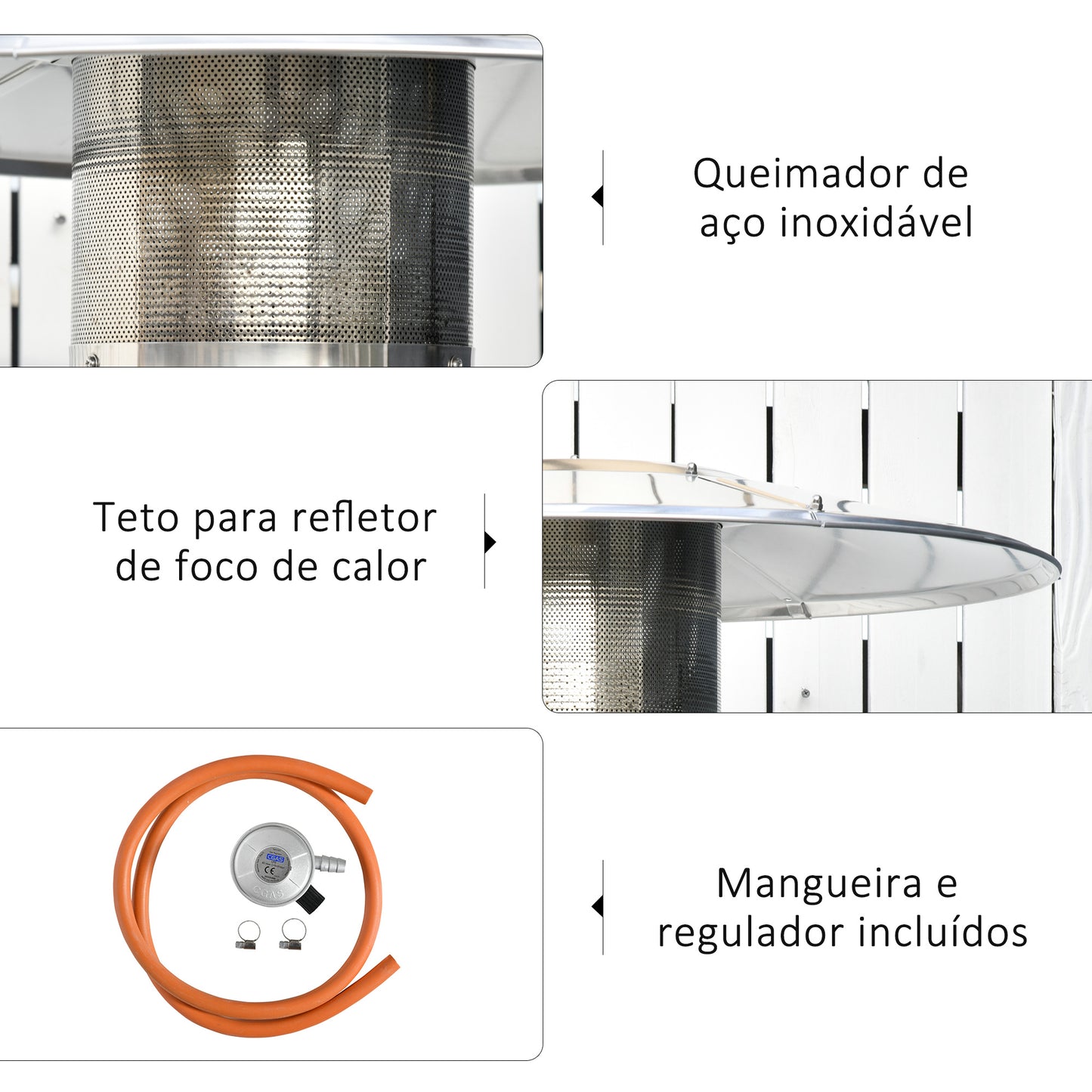 Outsunny Aquecedor de gás para varanda 12,5KW Tipo guarda-sol Aquecedor de pátio com desligamento automático rodas e cobertura Ø81,5x225 cm Cinza carvão