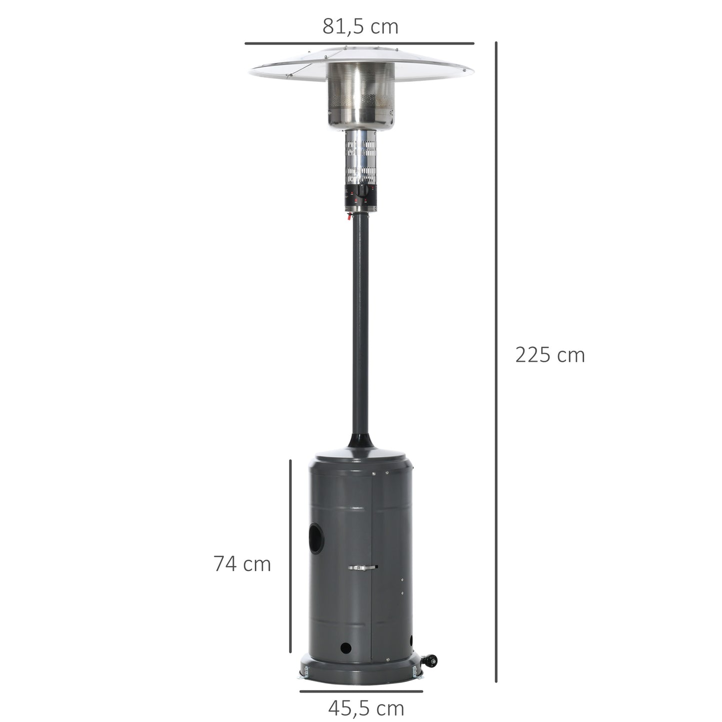 Outsunny Aquecedor de gás para varanda 12,5KW Tipo guarda-sol Aquecedor de pátio com desligamento automático rodas e cobertura Ø81,5x225 cm Cinza carvão