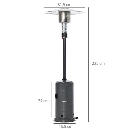 Outsunny Aquecedor de gás para varanda 12,5KW Tipo guarda-sol Aquecedor de pátio com desligamento automático rodas e cobertura Ø81,5x225 cm Cinza carvão