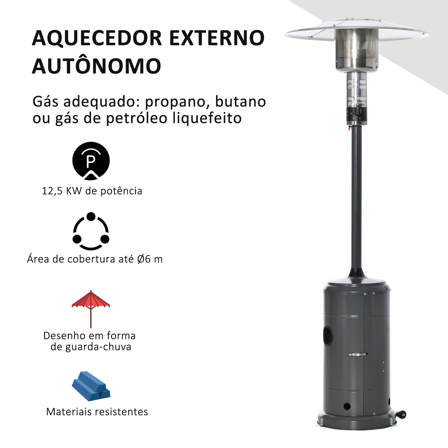 Outsunny Aquecedor de gás para varanda 12,5KW Tipo guarda-sol Aquecedor de pátio com desligamento automático rodas e cobertura Ø81,5x225 cm Cinza carvão