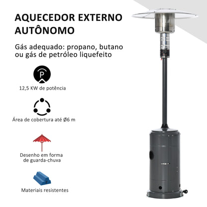 Outsunny Aquecedor de gás para varanda 12,5KW Tipo guarda-sol Aquecedor de pátio com desligamento automático rodas e cobertura Ø81,5x225 cm Cinza carvão