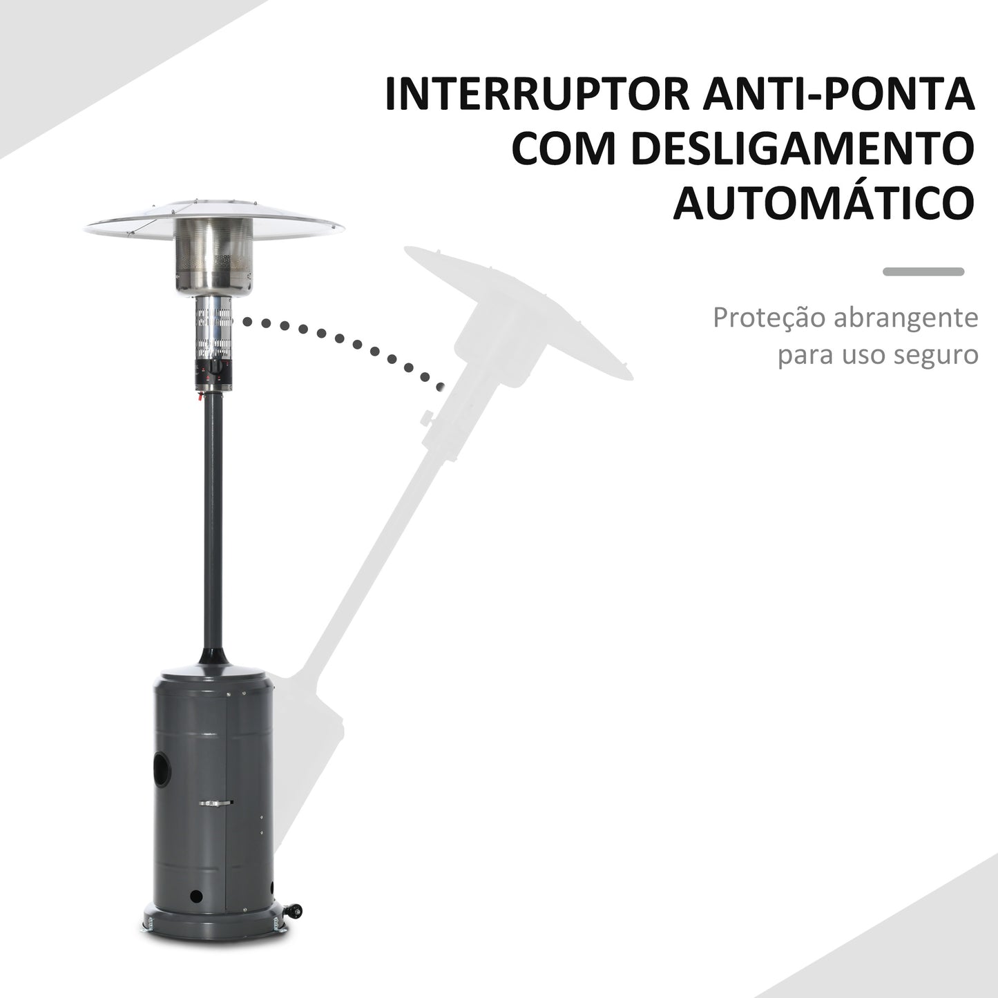 Outsunny Aquecedor de gás para varanda 12,5KW Tipo guarda-sol Aquecedor de pátio com desligamento automático rodas e cobertura Ø81,5x225 cm Cinza carvão