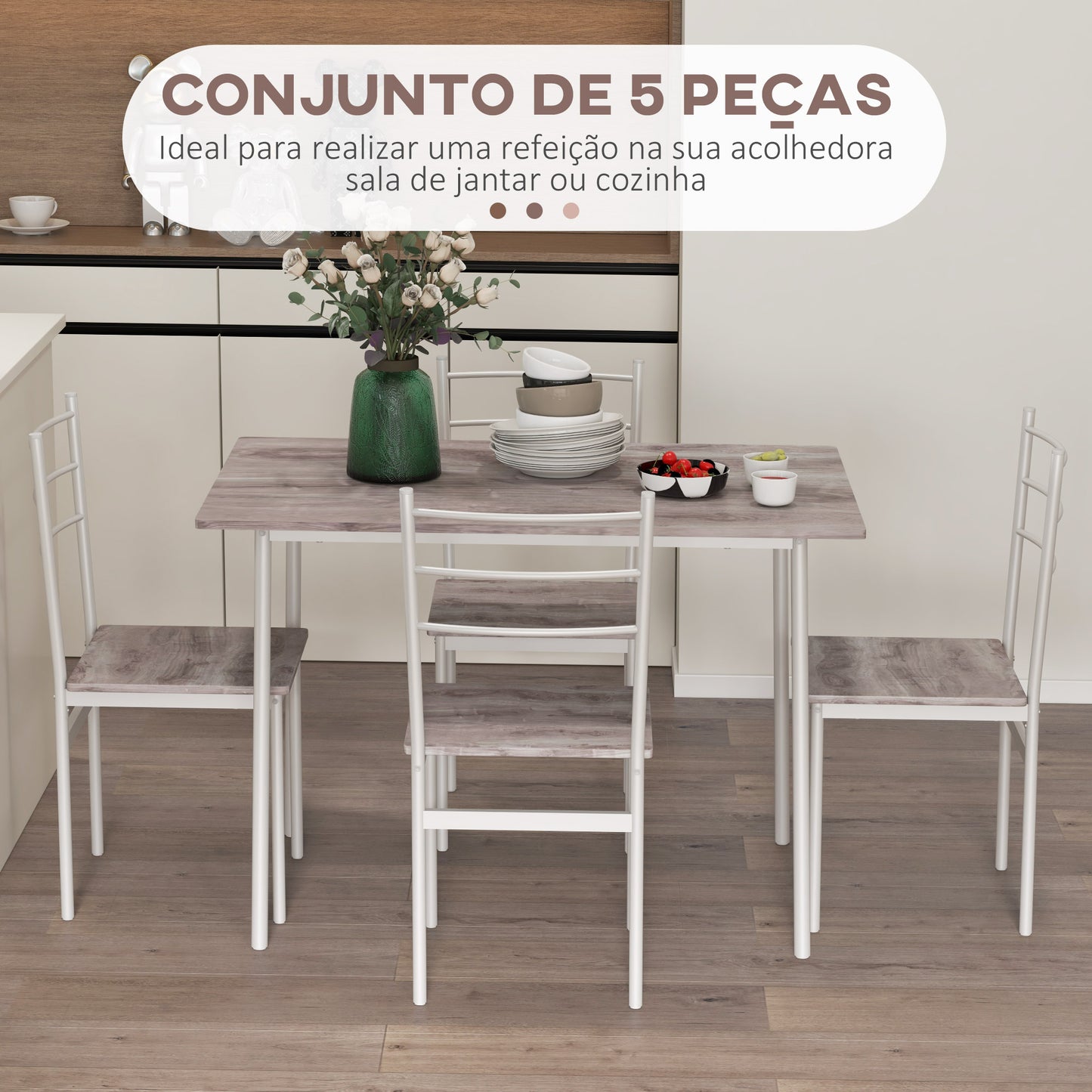 HOMCOM Conjunto de Refeição 5 Peças Conjunto de Mesa e 4 Cadeiras para 4 Pessoas com Estrutura de Aço para Cozinha Restaurante 110x70x75 cm Madeira e Branco