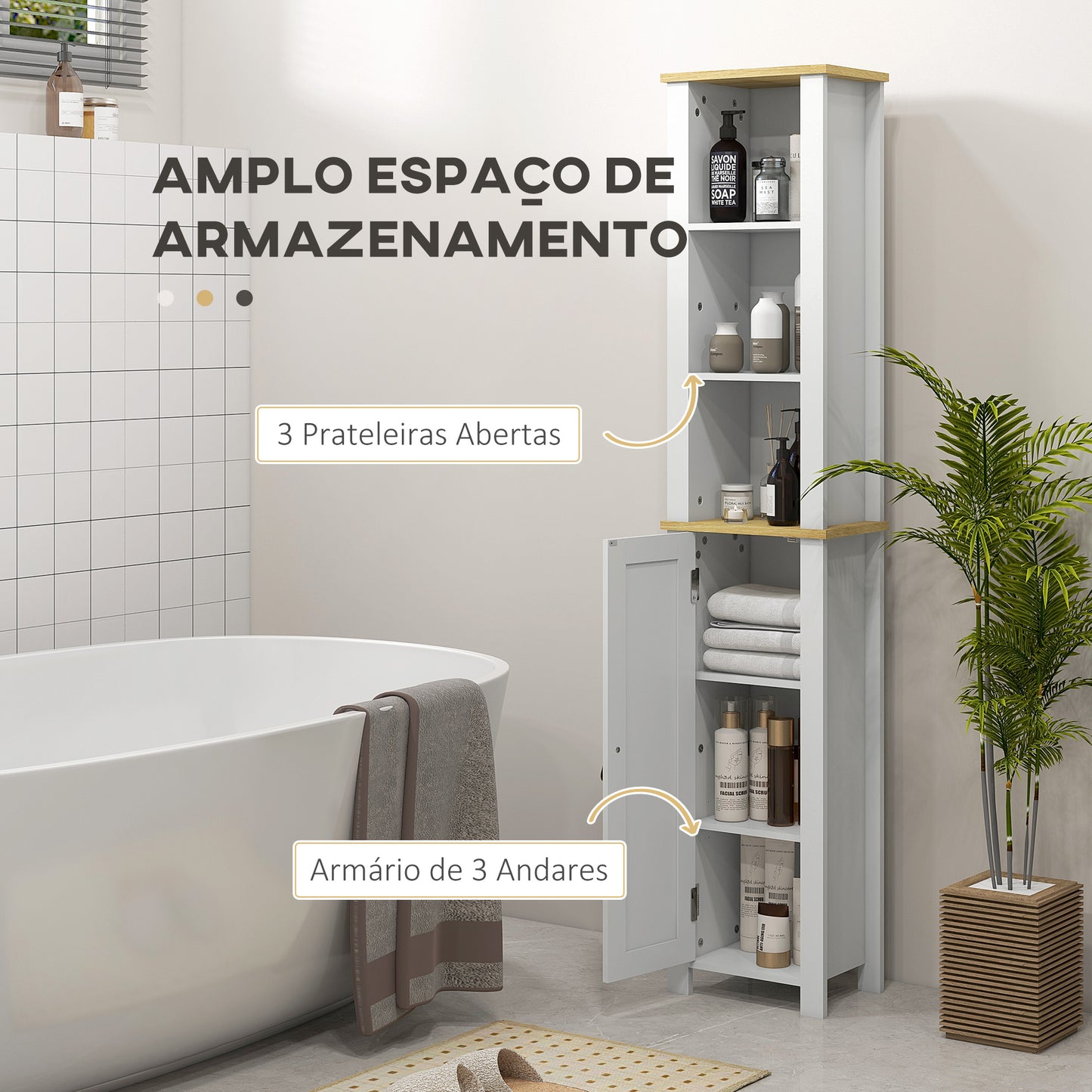 kleankin Coluna Casa de Banho Móvel Auxiliar Casa de Banho com Prateleiras Abertas Porta e Prateleira Ajustável Desenho Anti-Tombo 34x23x165 cm Branco