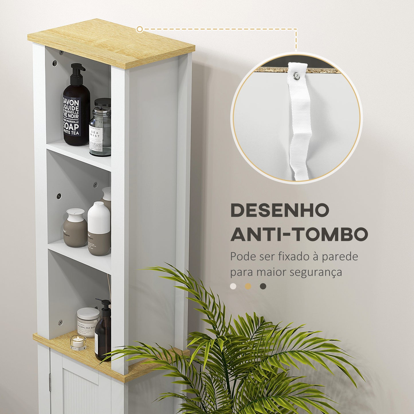 kleankin Coluna Casa de Banho Móvel Auxiliar Casa de Banho com Prateleiras Abertas Porta e Prateleira Ajustável Desenho Anti-Tombo 34x23x165 cm Branco