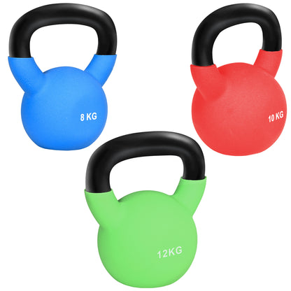 HOMCOM Conjunto de 3 Kettlebell de 12 kg 10 kg e 8 kg Kettlebell com Revestimento em Neopreno Punho Largo para Exercícios e Treinamento 20x13x23 cm 19x12x22 cm 18x11x20 cm Verde Vermelho e Azul