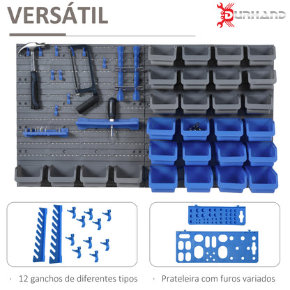 DURHAND Prateleira de Parede Organizador de Ferramentas de 44 Peças 54x95 cm Prateleiras de Armazenamento com 28 Caixas Empilháveis e Diferentes Ganchos Cinza e Azul