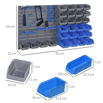 DURHAND Prateleira de Parede Organizador de Ferramentas de 44 Peças 54x95 cm Prateleiras de Armazenamento com 28 Caixas Empilháveis e Diferentes Ganchos Cinza e Azul