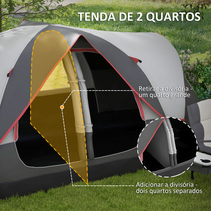 Outsunny Tenda de Campismo Familiar para 6-8 Pessoas Tenda de Campismo Dobrável com 2 Quartos e Bolsa de Transporte Impermeável para Trekking 450x215x180 cm Cinza