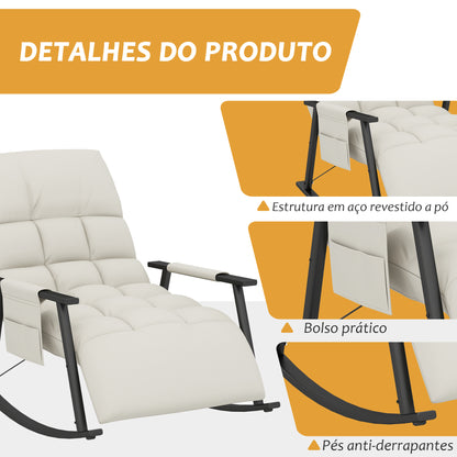 HOMCOM Poltrona Baloiço com Encosto e Apoio para os Pés Ajustáveis Poltrona Baloiço para Sala Estofada em Microfibra com Bolso para Quarto 60x134x70 cm Creme