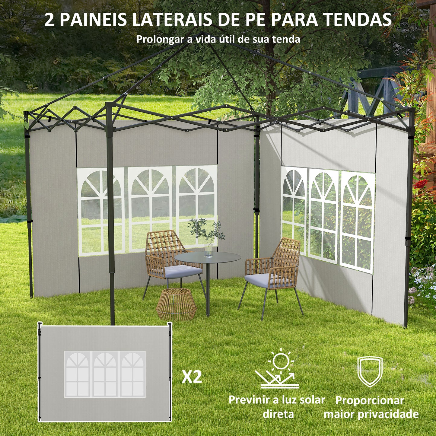 Outsunny Conjunto de 2 Paredes Laterais para Tendas de 3x3m e 3x6m Paredes Laterais para Tendas com Janelas Transparentes 293x193cm Branco