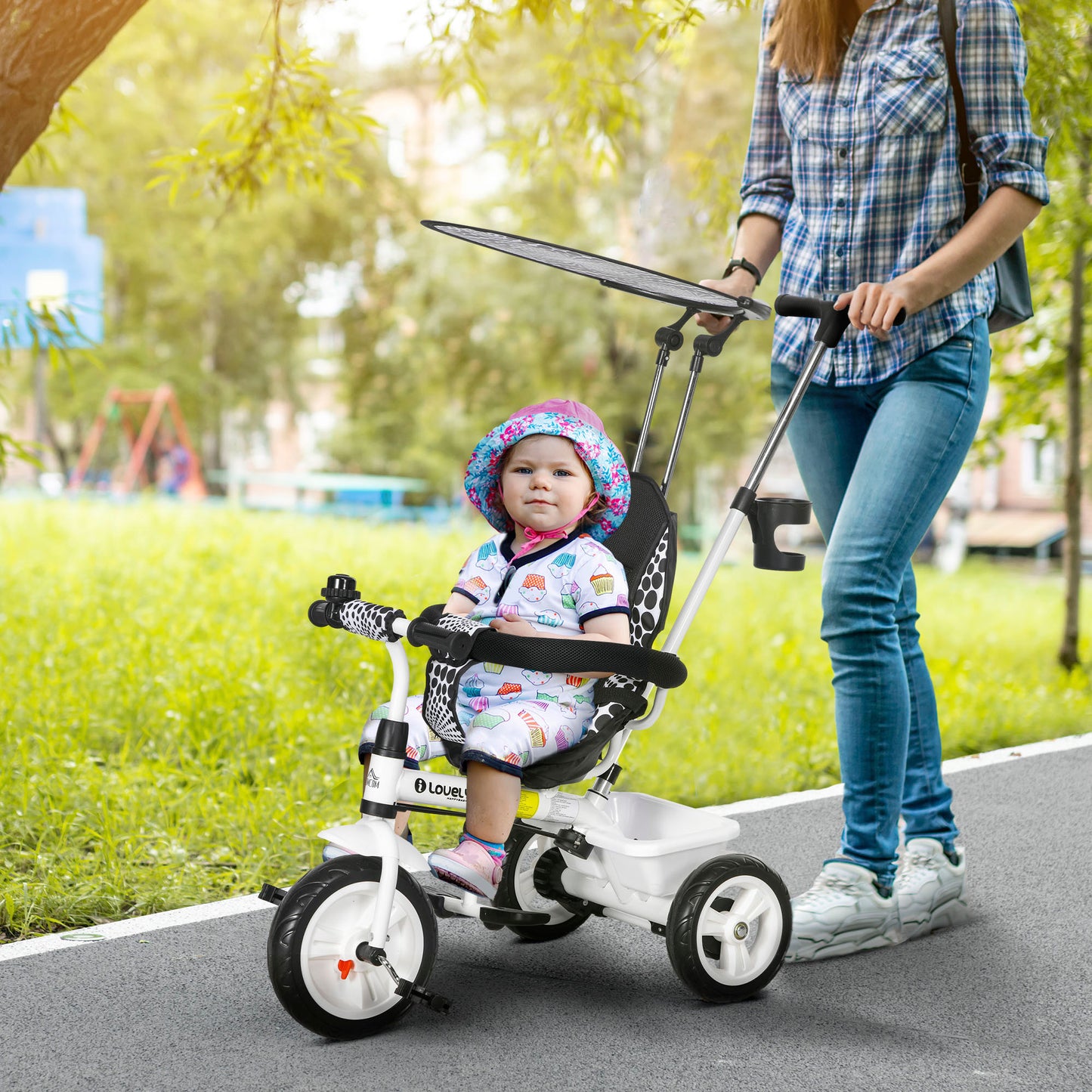 HOMCOM Triciclo para Bebês 2 em 1 Triciclo Evolutivo para Crianças de +12 Meses com Toldo Dobrável Guiador Telescópico e Removível Assento Ajustável Cesto e Suporte para Garrafa Branco