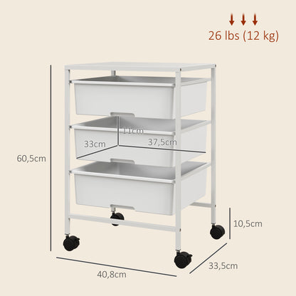 HOMCOM Carrinho Auxiliar com Rodas Carrinho de Cozinha de 3 Níveis com 3 Cestos para Armazenamento e Estrutura de Aço para Sala de Jantar Banheiro 40,8x33,5x60,5 cm Branco