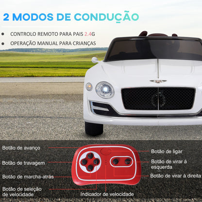 HomCom Carro elétrico com controle remoto 2 velocidades com faróis musica licencia de Bentley GT para crianças acima de 3 anos 108x60x43 cm Branco